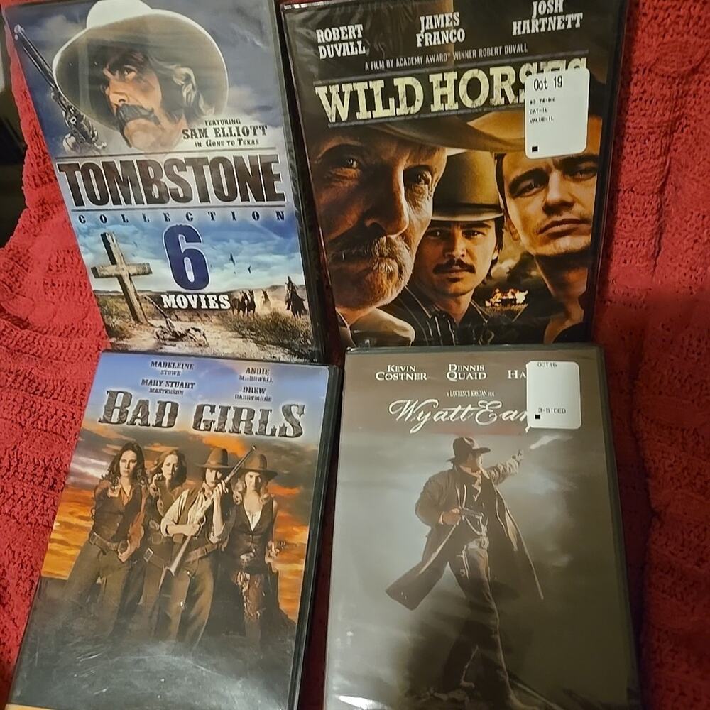 4 Western Cowboy DVDs ~ ALL NEW Tombstone, Wild Horses, Bad Girls & Wyatt Earp